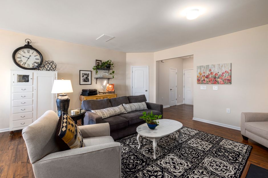 Spacious living room with modern decor, featuring a comfortable sofa and stylish accents.